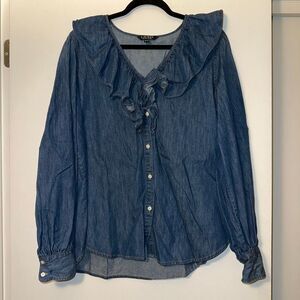Lauren Ralph Lauren Women’s XL Denim Button Down Ruffle Collar LS Shirt EUC